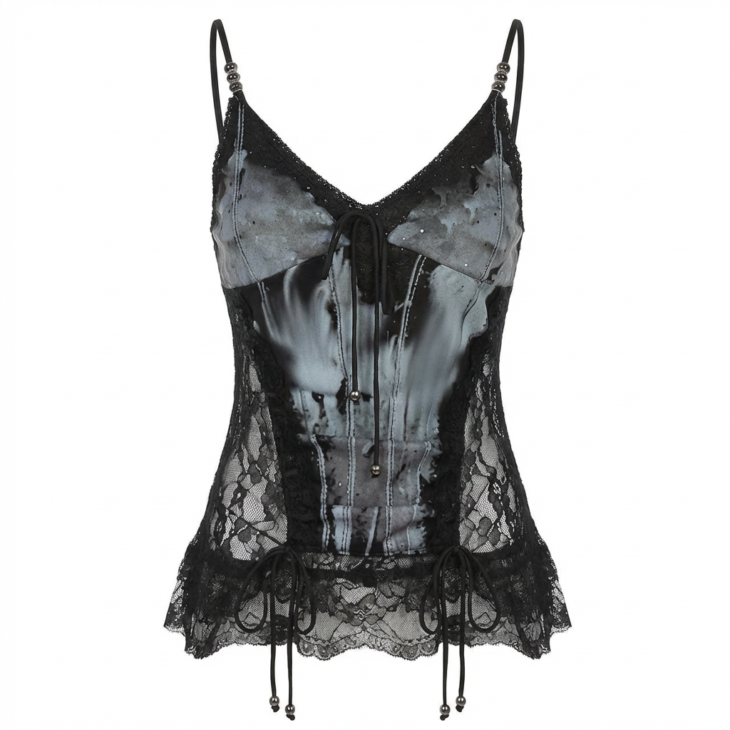 Strappy Top with Unique Design, Vintage Lace Trim, Printed Tie-Front V-Neck, Sexy and Versatile Tank Top