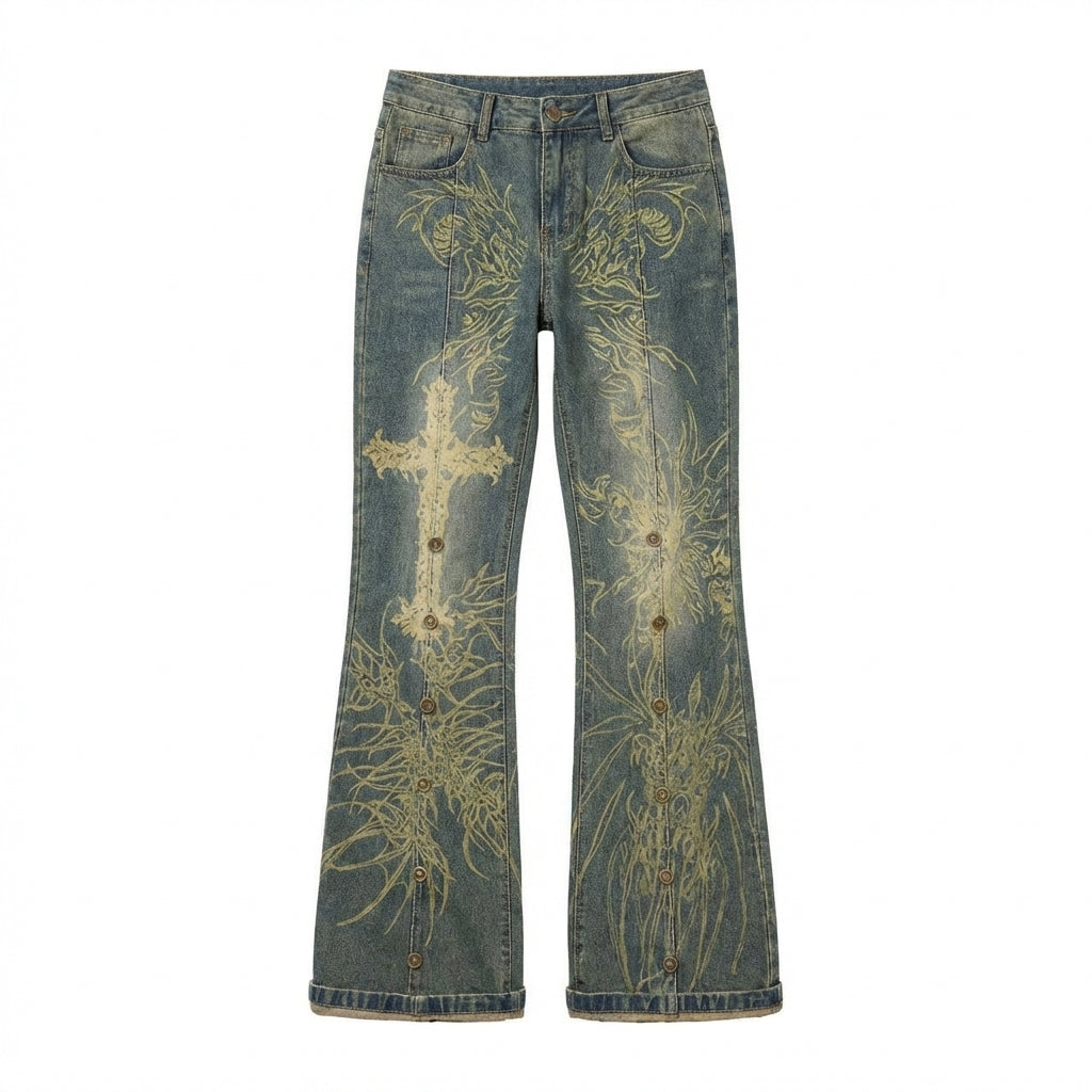 Vintage Flared Denim Pants for Women, Y2K Distressed Print Long Baggy Jeans