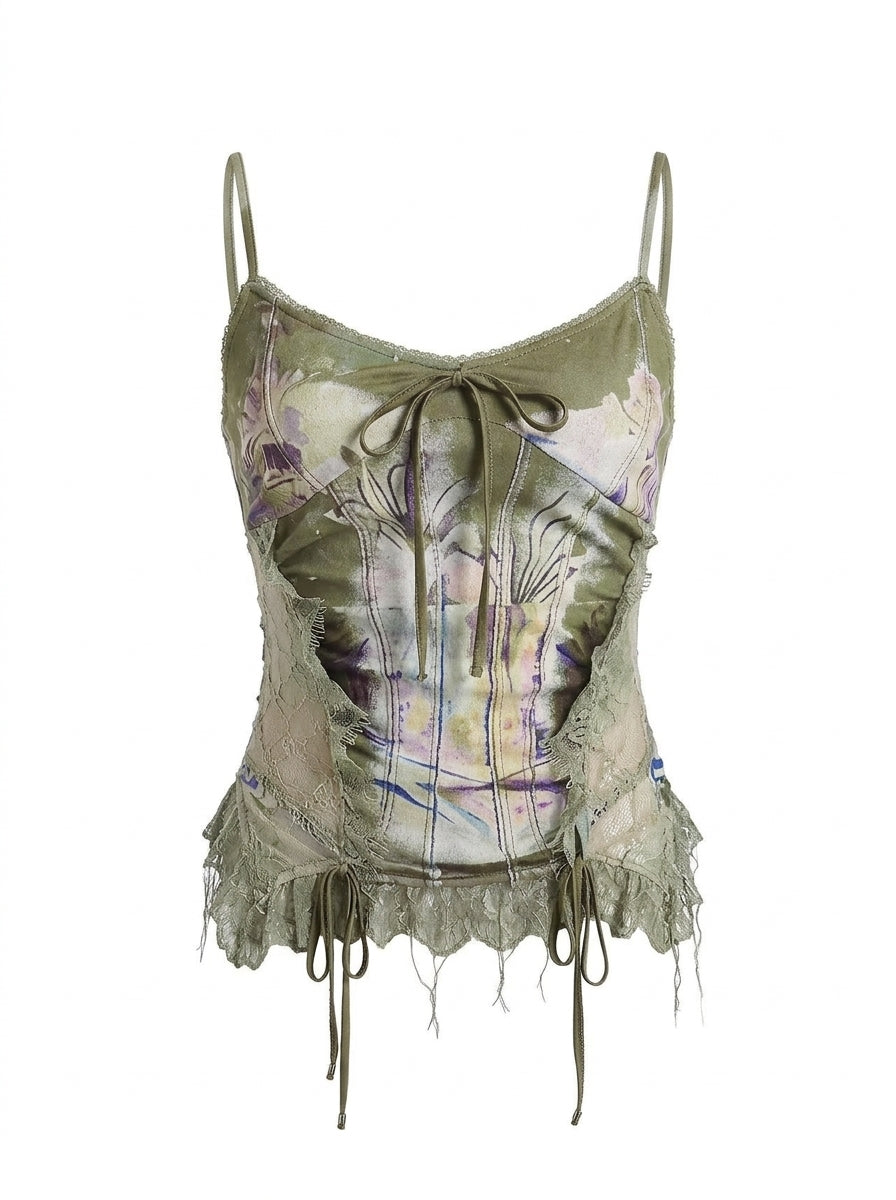 Strappy Top with Unique Design, Vintage Lace Trim, Printed Tie-Front V-Neck, Sexy and Versatile Tank Top