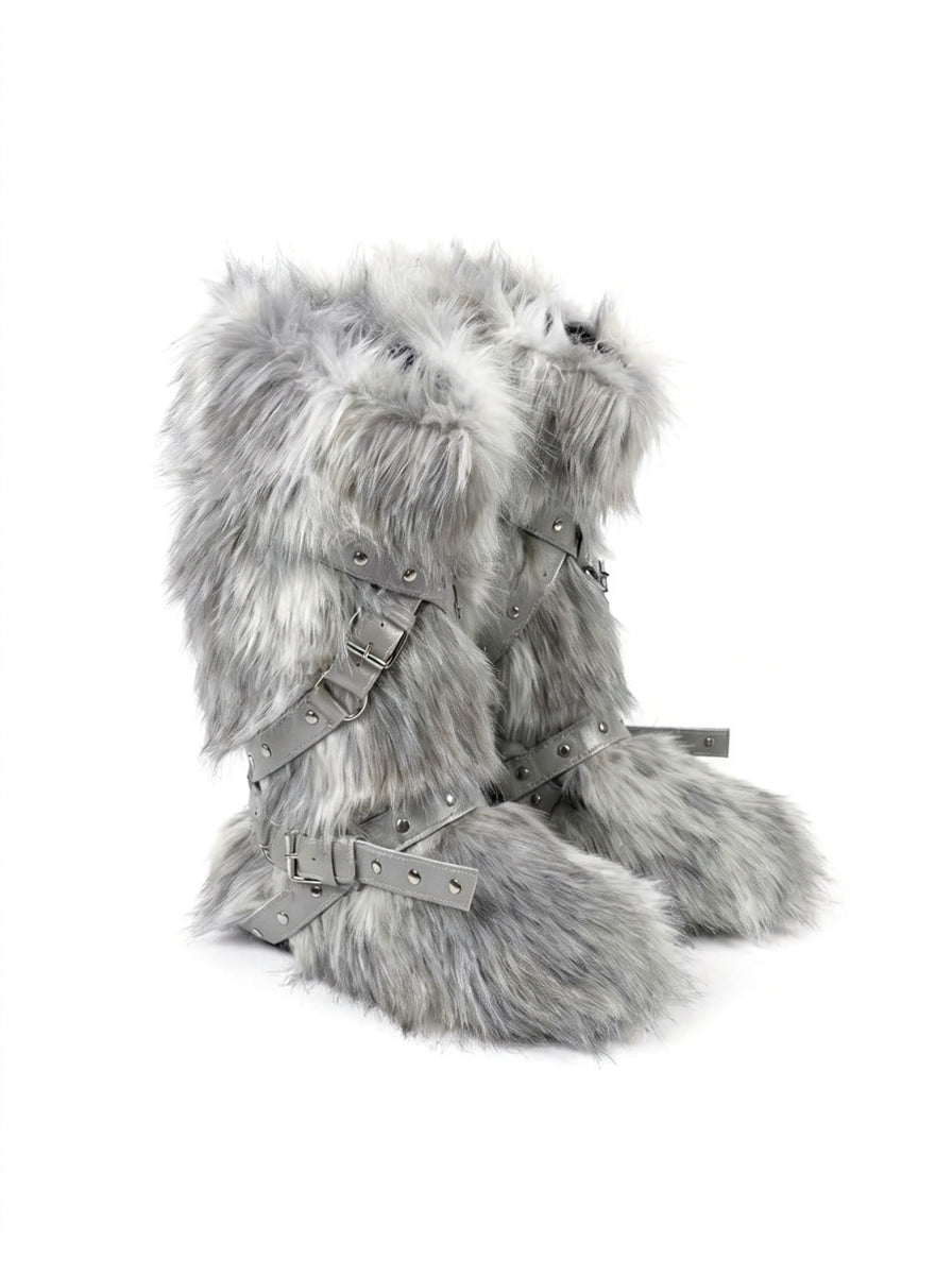 grey and white fur boots