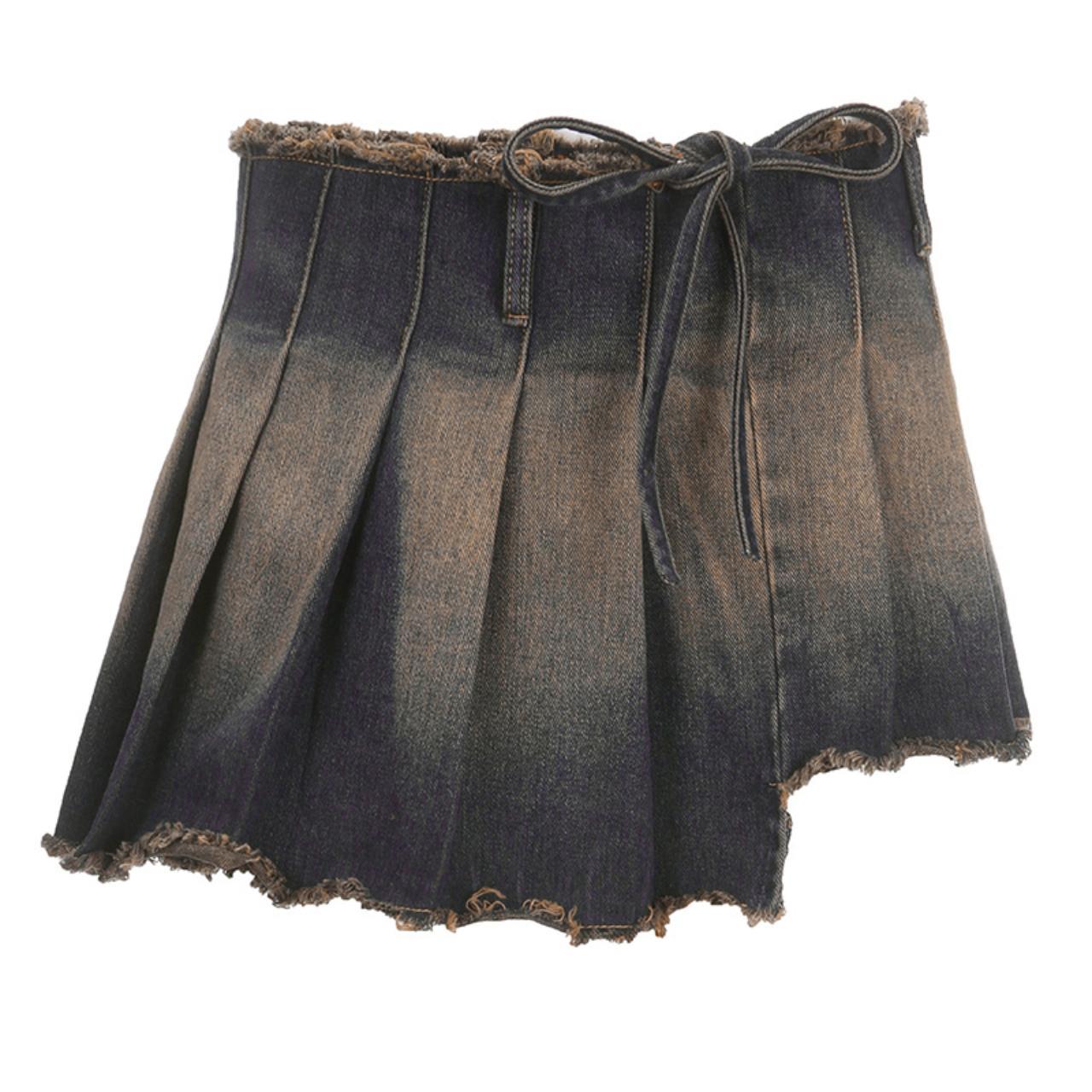 One-Piece Vintage Distressed Low-Waist Slimming Denim Pleated Skirt
